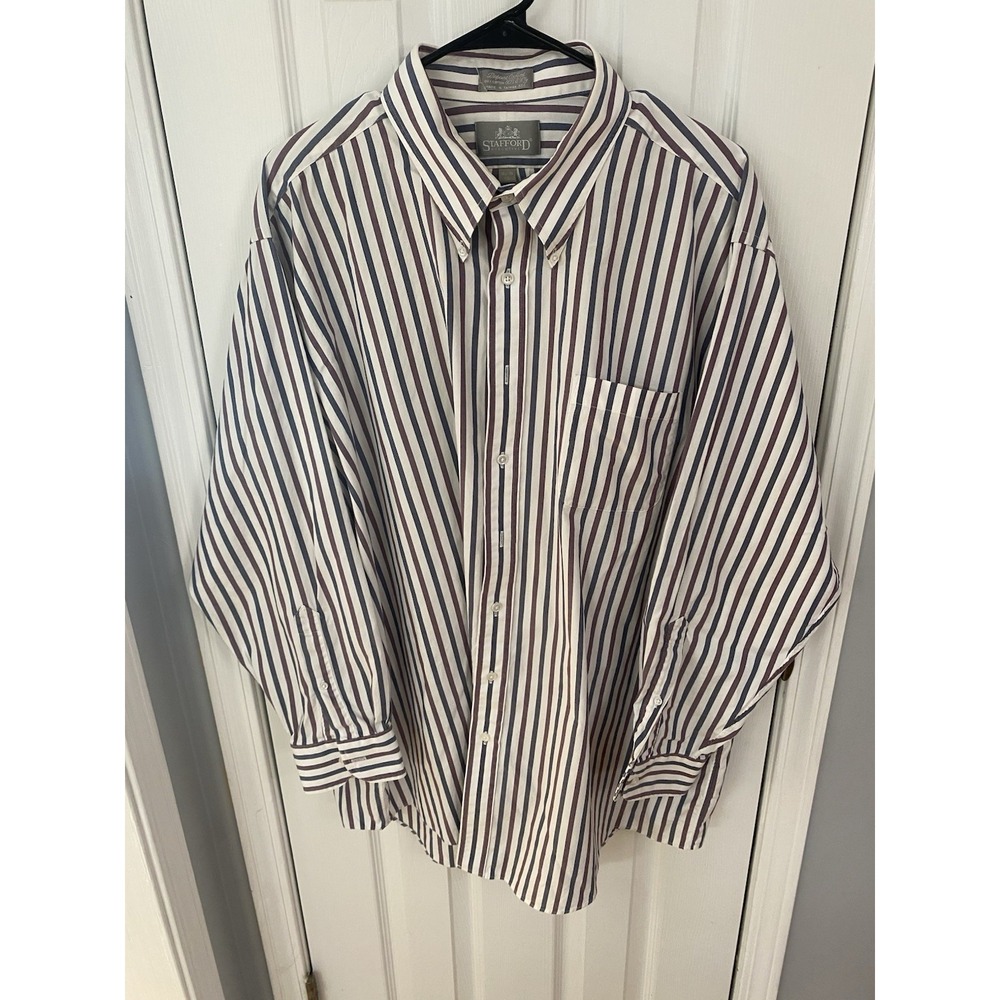 Stafford Executive Shirt Mens 18.5 35 Big White Blue Burgundy Striped Oxford